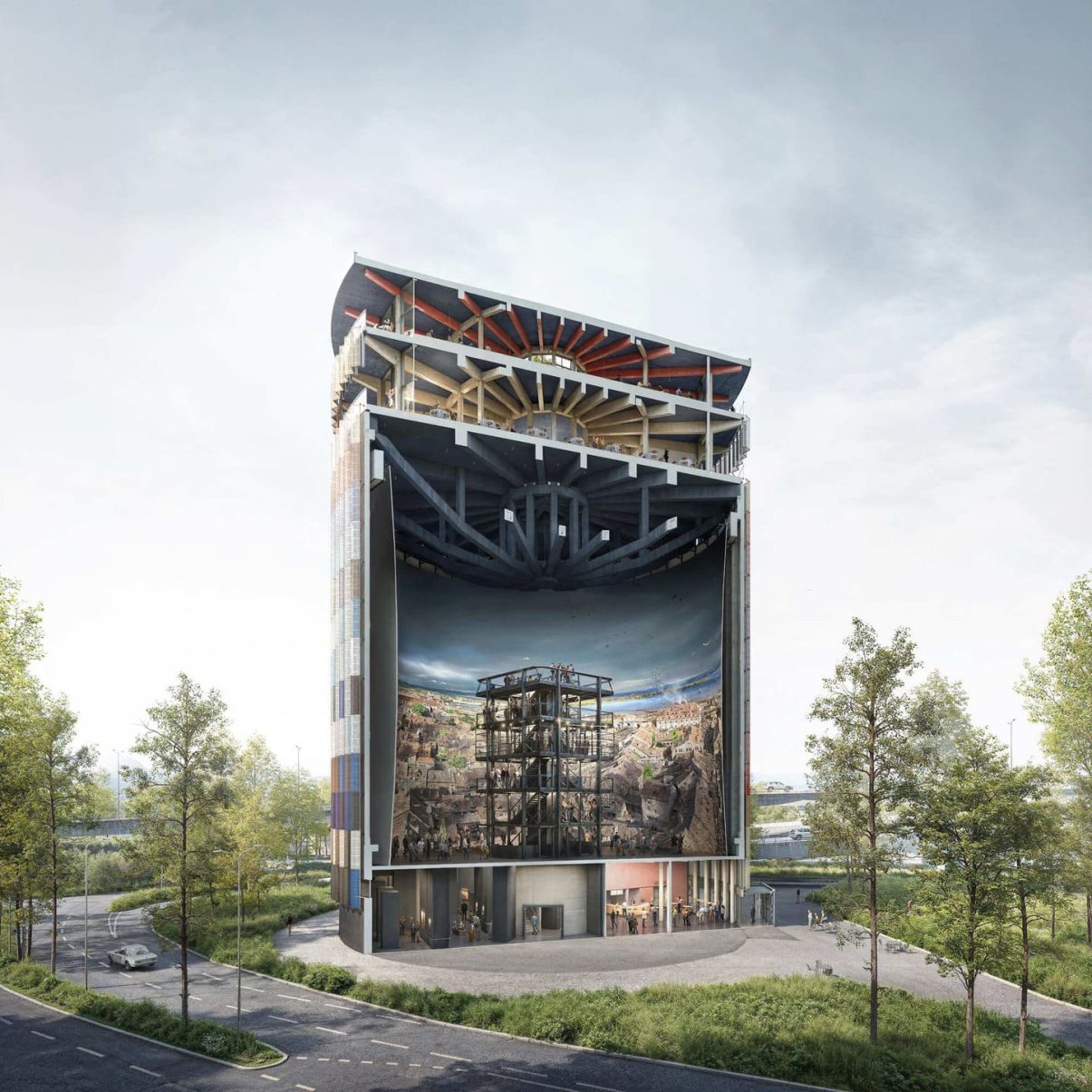 Blick auf den Asisi Panoramaturm Konstanz in der Schnittperspektive mit einem detailreichen Stadtpanorama im Inneren.