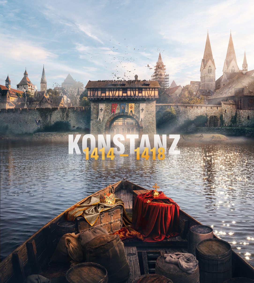 Historische Darstellung des mittelalterlichen Konstanz mit Stadtmauern.